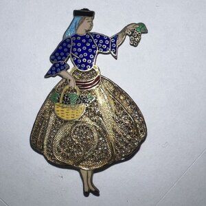 Vintage Topazio Portugal Enameled Filigree Woman Figure Pin brooch‎